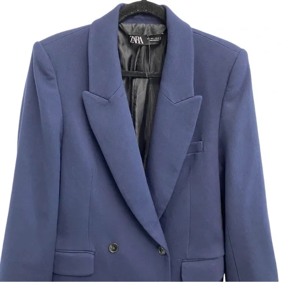 Zara Double Breasted Blazer In Navy Blue With Interior Strap Size Large - Picture 3 of 12
